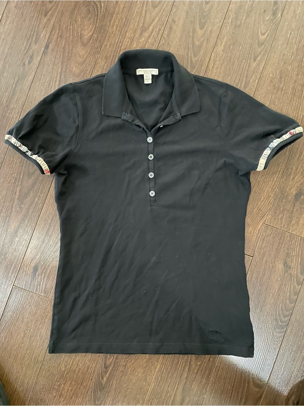 Women’s Burberry Black Pique Nova Check Trim Puff Sleeve Polo Shirt Medium
